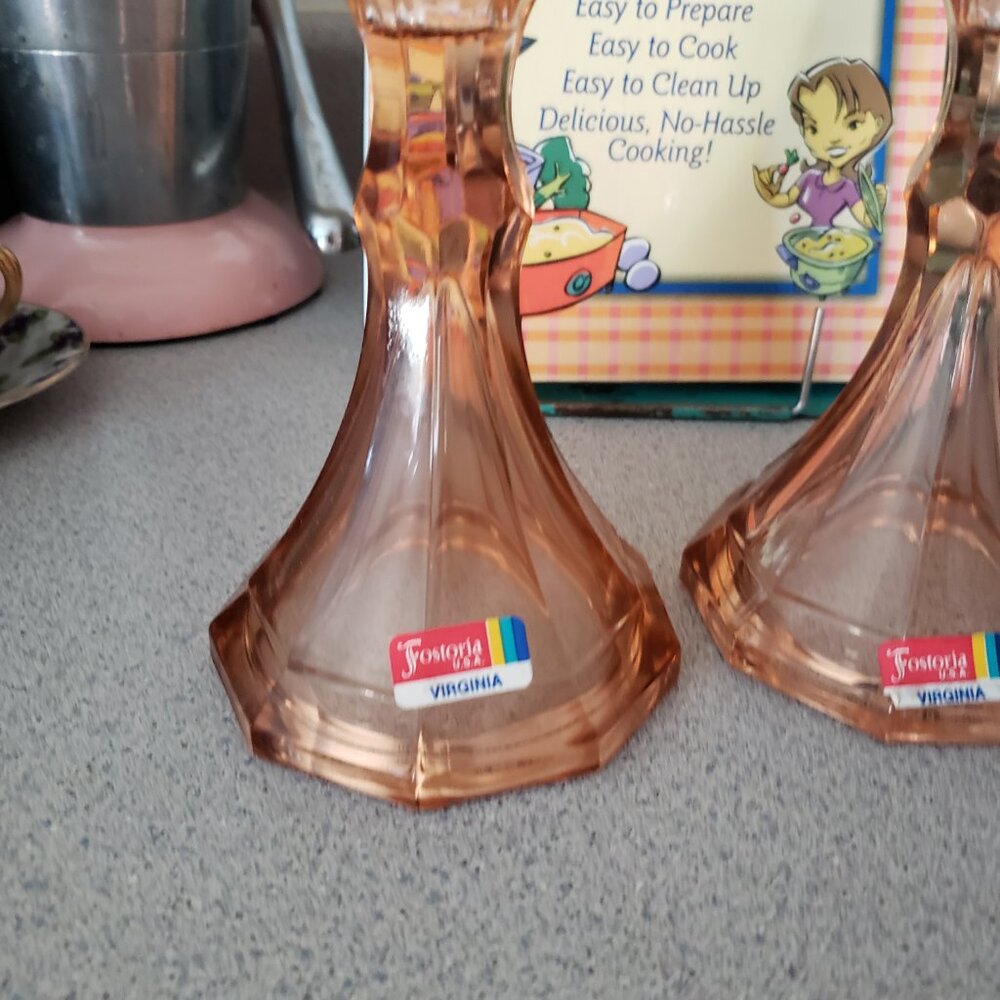 Old Stock 2 Peach Vintage FOSTORIA GLASS Heavy Pressed Glass CANDLESTICK HOLDERS - Picture 2 of 6